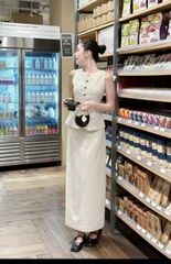 SET512- Set đũi lien CV midi màu be 2 lớp cạp chun áo dáng peplum