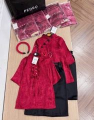 SETKID059- Set áo dài trai/gái đỏ quần lụa đen