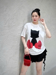 A234-Áo thun suông cotton in hình mèo 3 màu đỏ  đen trắng