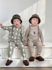 BT1073- Set 2 bộ thun díp dài tay xanh nâu kẻ bé trai