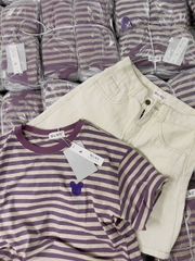 Set665- Set áo thun sọc ngang mix quần short jeans màu be
