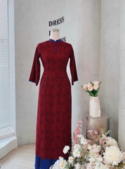 SET753- Bộ áo dài truyền thống gấm lụa xanh đỏ cúc tàu