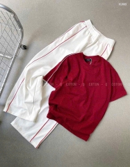 Set704-Set áo thun đỏ suông phối quần dài ống rộng