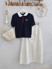 SET748- Set áo len cộc tay dệt kim phối chân váy midi trắng ngà