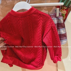 SETKID013- Set áo len đỏ trẻ em mix CV dạ kẻ có lót quần