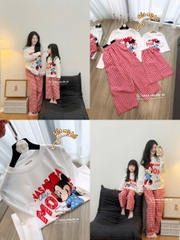 SET1039- Bộ mặc nhà mẹ con áo thun dài tay mickey và quần suông kẻ