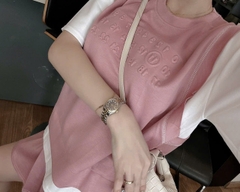 Set726- Set áo nỉ cộc hồng dập nổi phối chân váy xếp ly ngắn