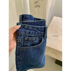 QUAN117- quần short Jeans xanh đậm mác da