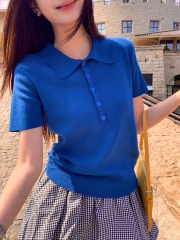 A599-Áo len polo dệt kim cộc tay màu xanh dương mẫu mới