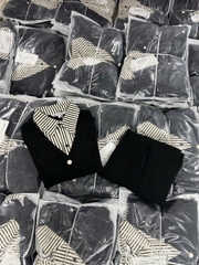 SET388-Set phối kẻ đen dáng xoè cúc ngọc chất trượt Thái