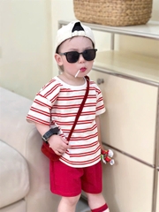 BT441- Bộ 2 áo cotton kẻ đỏ mix quần kaki đỏ