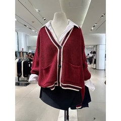 A387- Áo len cadigan đỏ viền đen hàng nhà máy full tem