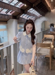 SET578- Set kẻ xanh cộc đính hoa nổi viền ren chân chất kẻ mát