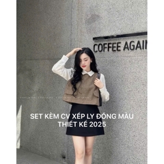 SET361- Set áo somi phối dạ và chân váy xếp ly nâu xám