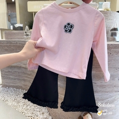 damgai16- Set dài thêu cườm hoa trà mix quần loe đen