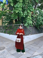 SET389-Set áo dài suông nhung đỏ phối cổ