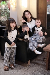 SET771- Bộ mặc nhà gia đình  áo thun quần kẻ suông dài đen trắng