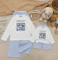 SET1024-Set quần áo đôi mẹ con vải cotton trắng xanh