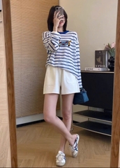 Set706- Set áo thun xước dài tay kẻ xanh phối quần short