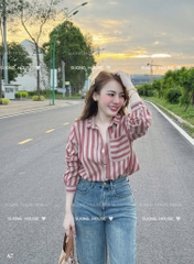 A312- Áo sơmi nữ kẻ 2 màu vải đũi mềm mát