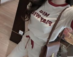 SET487-Set áo thun bo gấu phối quần ống suông rộng be