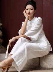 SET444-Set pháp phục trắng gấm lụa phối cúc tết