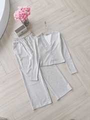 Set786- Set áo díp lông thỏ cổ V phối quần suông dài màu nâu