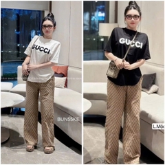 SET456- Set bộ GU XÌ áo cotton thêu đáp xù mix quần suông dệt.