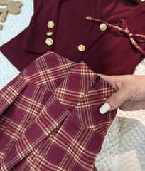 Setkid01- Set váy bé gái màu đỏ cúc đồng thiết kế CV có lót