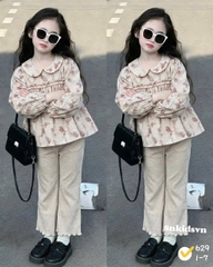 damgai09- Set áo hoa đỏ quần tăm loe dài màu be