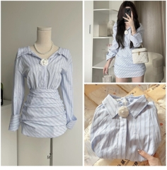 DAM083- Đầm kẻ nhún chân tặng kèm hoa cài, khóc giọt lệ