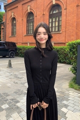 Dam185- Váy midi đen dài phối cúc cộc tay