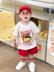 BT441- Bộ 2 áo cotton kẻ đỏ mix quần kaki đỏ