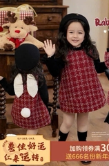 DAMKID019-Đầm dạ đỏ bé gái tai lưng 2 lớp dáng suông