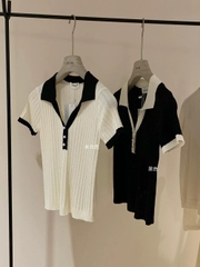 A310- Áo polo len dệt kim cộc tay vải tăm 2 màu đen trắng