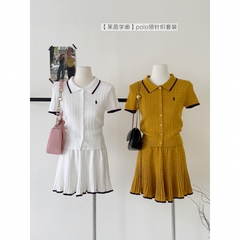 SET720-Set áo len cộc thêu phối chân váy xoè thể thao 2 màu vàng trắng