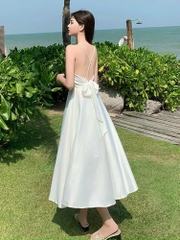 Đầm hai dây buộc nơ lưng 2 màu trắng,xanh