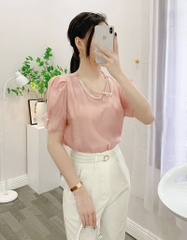 Áo sơ mi tơ viền ngọc tay bồng 3 màu