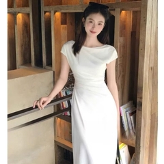 Dam178- Váy lụa dài sát nách xếp ly eo 2 màu xanh be