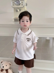 Bt870-Bộ áo polo trắng phối quần kaki nâu cạp chun cho bé 8-26kg