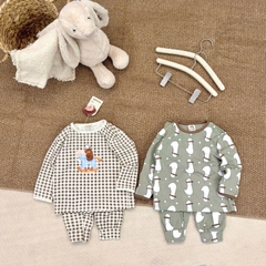 BT1073- Set 2 bộ thun díp dài tay xanh nâu kẻ bé trai