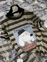 Dam164- Đầm suông cotton màu xanh rêu kẻ ngang in Cún