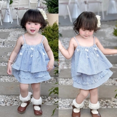 SETKID048-Set áo dây kẻ xanh đính nơ trắng