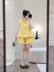 Set972-Set mặc nhà vải đũi mát chấm bi vàng TẶNG KÈM DÂY TÓC