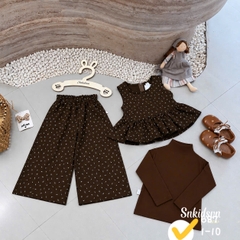 damgai24-set 3 món áo giLe hoa nhí phối quần suông kèm áo thun nâu cho bé gái 12-33kg)