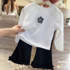 damgai16- Set dài thêu cườm hoa trà mix quần loe đen