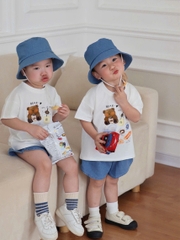 BT927-Bộ mũ vàng tròn GÁU BEAR trắng xanh quần chất mềm
