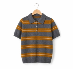 A630-Áo len dệt kim cổ polo kẻ ngang nâu xám
