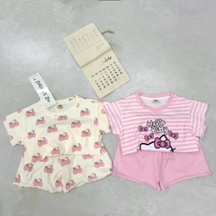 bt9010-Combo 2 bộ KITTY kẻ ngang quần đùi chất cotton bé gái