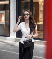 A374- Áo cổ vuông cúc kim loại dáng ôm 2 lớp cao cấp